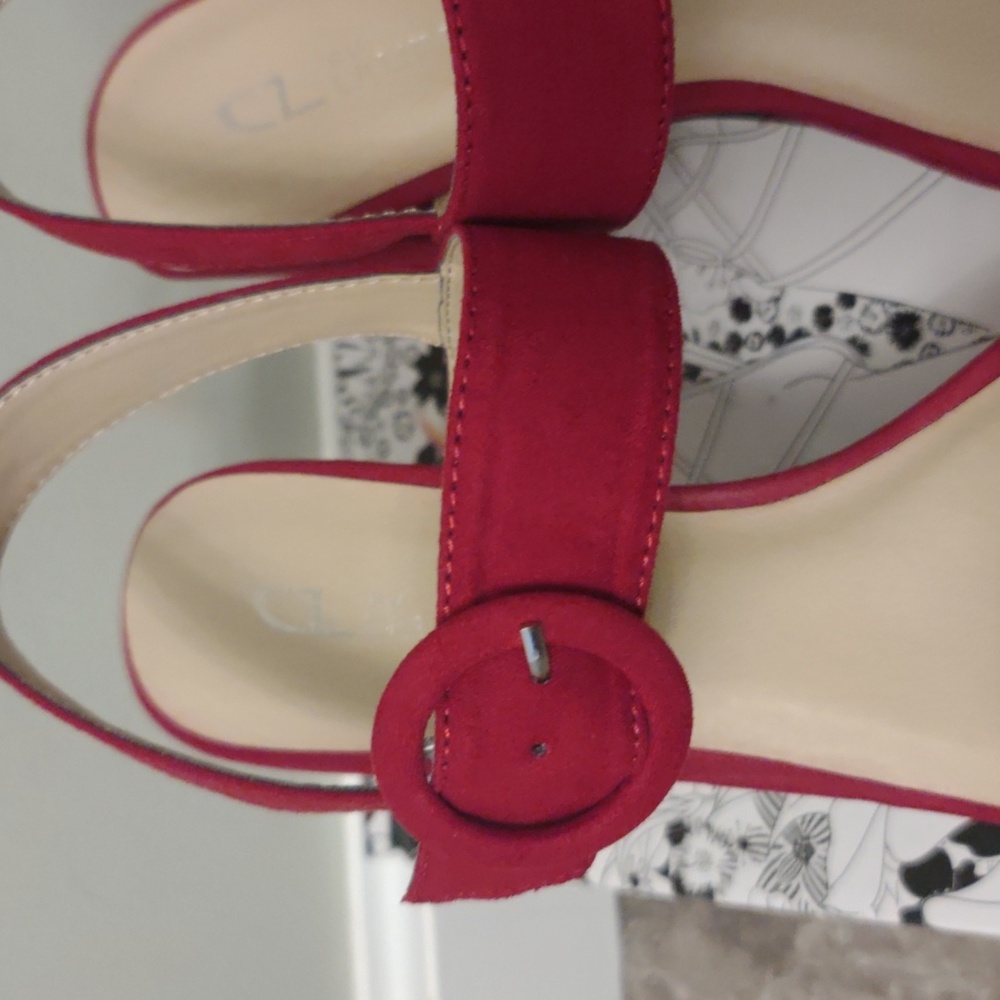 Ruby Red Suede Strap Chunky Heels - Picture 3 of 8